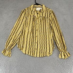 Maeve Anthropologie Top Womens 4 Yellow Dachshund‎ Weiner Dog Print Ruffle Cuff